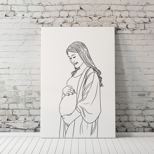 Seitenansicht Linienportrait schwangere Frau zeigt Babybauch in feinen Linien gezeichnet