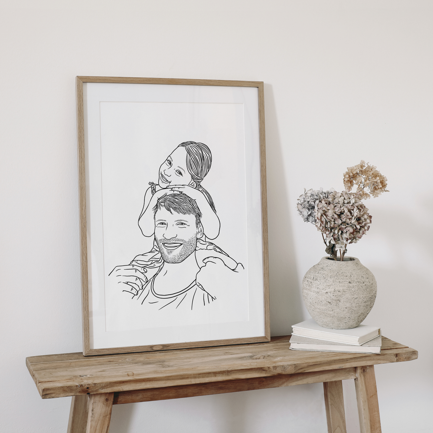 Seitenansicht Linienportrait Vater und Tochter Gesicht an Gesicht in feinen Linien gezeichnet