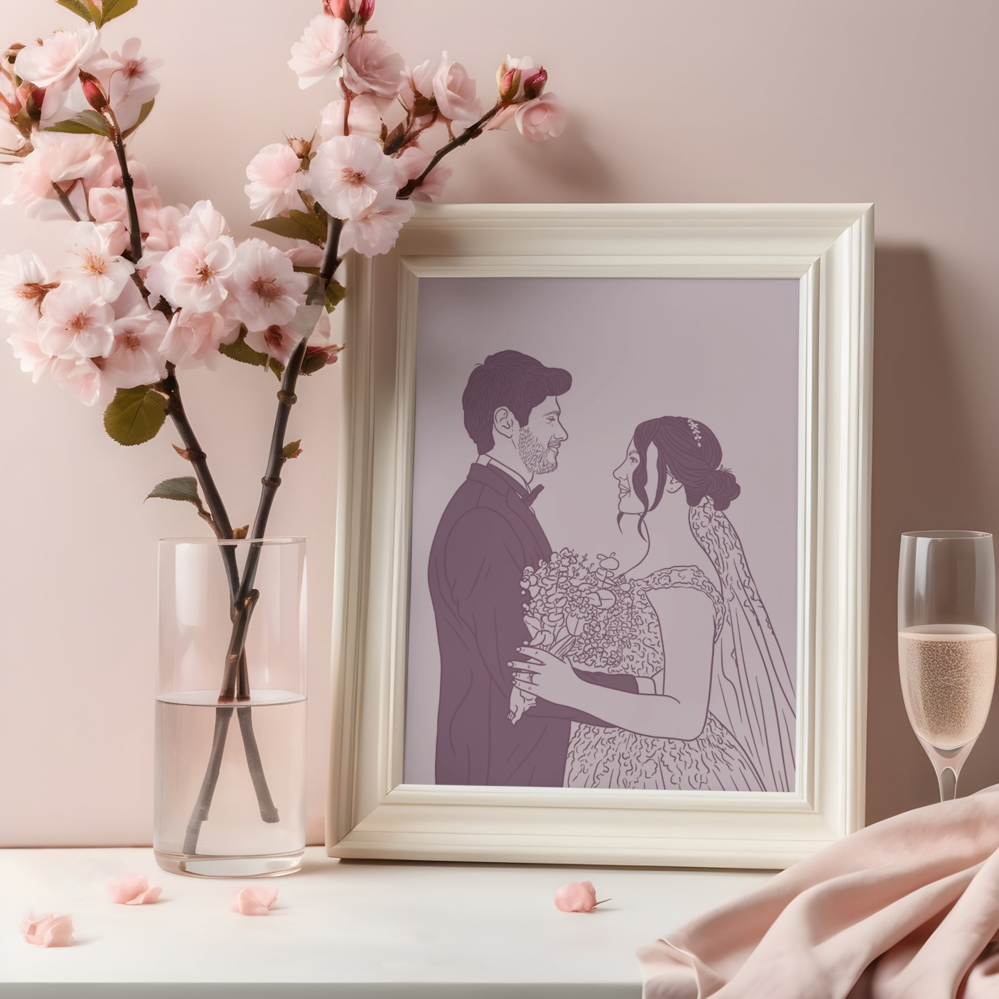 Künstlerisches farbiges Hochzeitsportrait handgezeichnet in Pastelllila