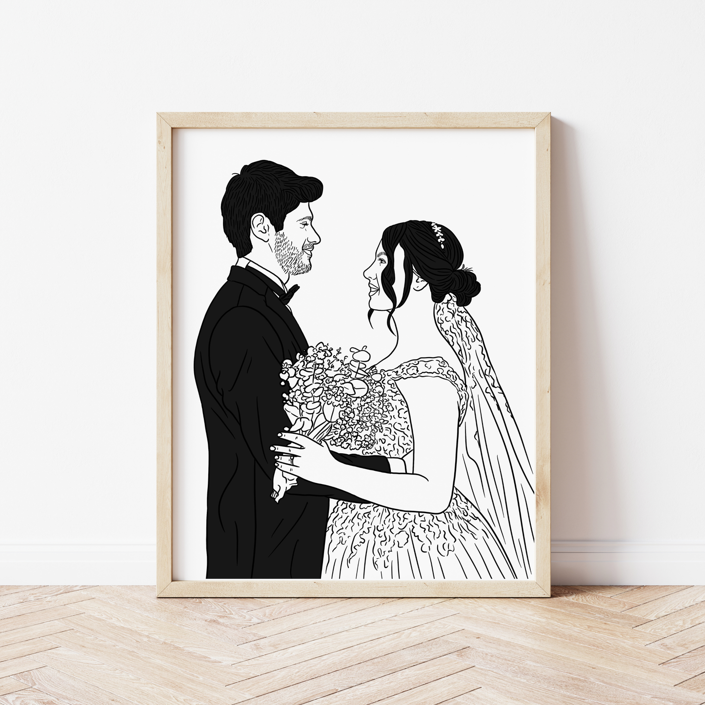 Zeitloses Brautpaar-Portrait in Schwarz-Weiß Line-Art Design mit Wunschtext