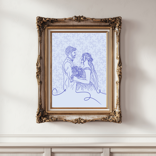 Personalisiertes Retro Line-Art Portrait von Braut und Bräutigam in Pastellblau-Tönen
