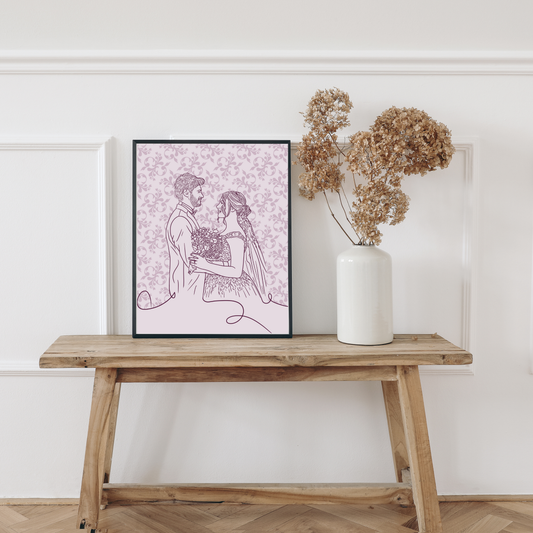 Personalisiertes Retro Line-Art Portrait von Braut und Bräutigam in Pastelllila-Tönen