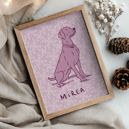 Handgemaltes digitales Hundeportrait mit floralen Retro-Motiven