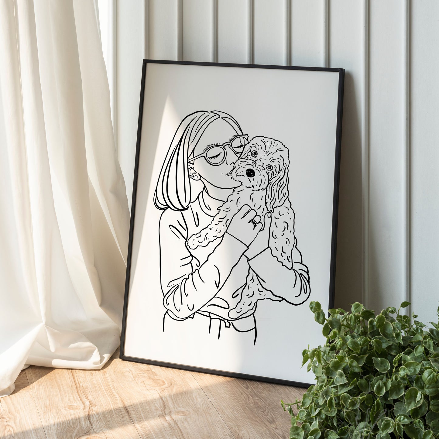Handgezeichnetes Linienportrait einer Frau mit ihrem Hund in minimalistischem Stil