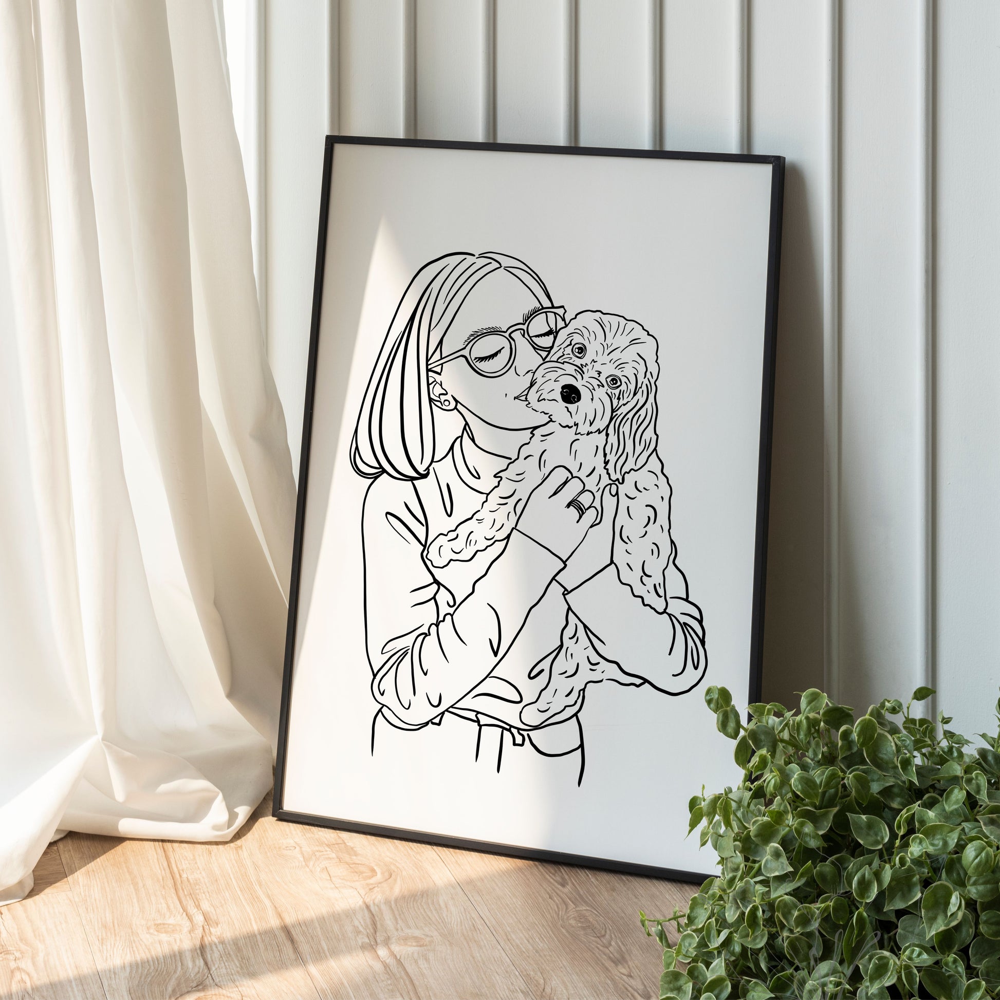 Handgezeichnetes Linienportrait einer Frau mit ihrem Hund in minimalistischem Stil