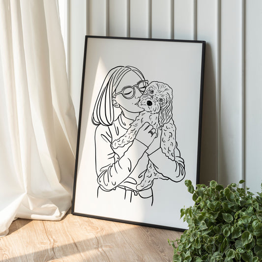 Handgezeichnetes Linienportrait einer Frau mit ihrem Hund in minimalistischem Stil