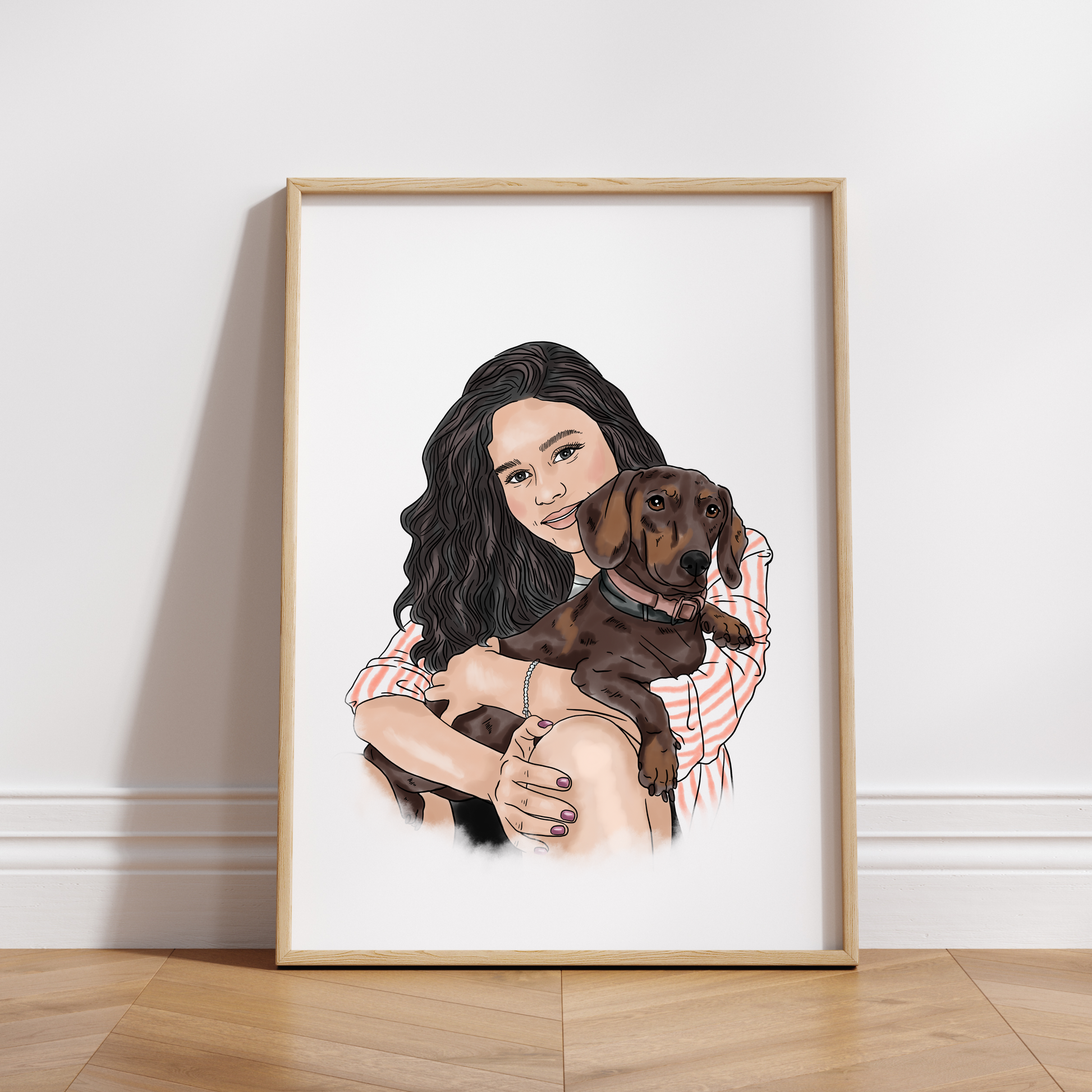 Handgemaltes digitales Aquarell-Portrait von Frau und Hund in warmen Pastellfarben