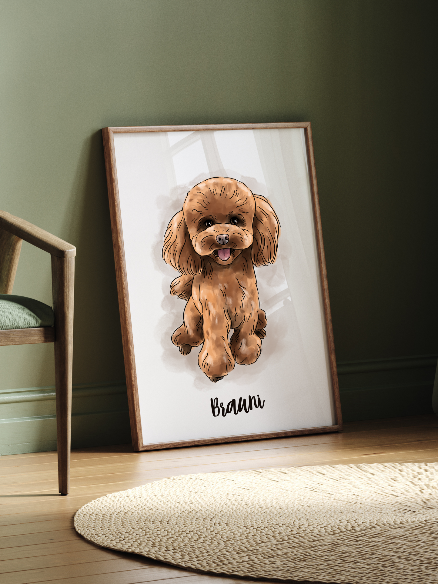 Gerahmtes Aquarell-Hundeportrait als Wanddekoration im Wohnzimmer