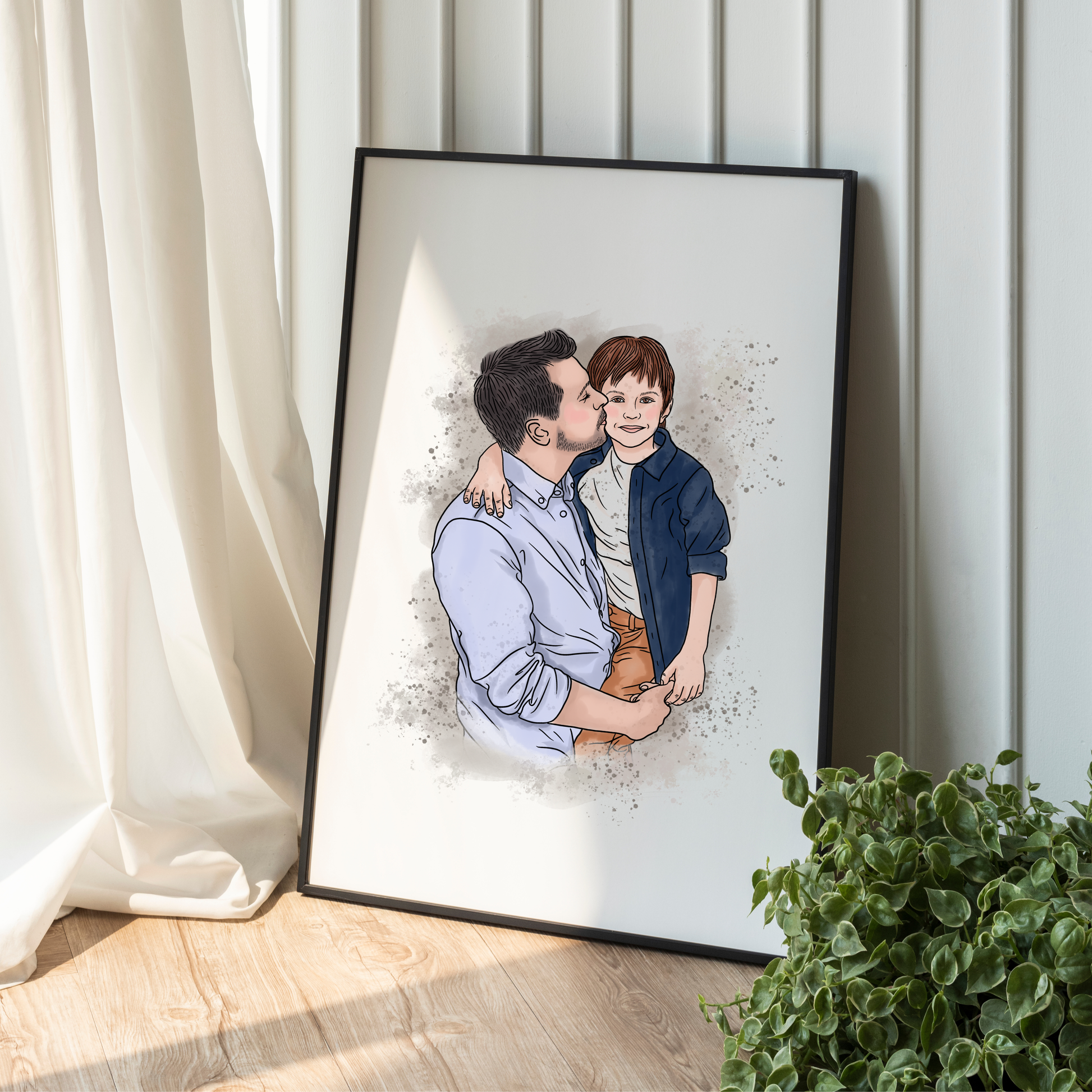 Aquarellporträt gerahmt und als Dekoration für Ihr Zuhause aufgestellt