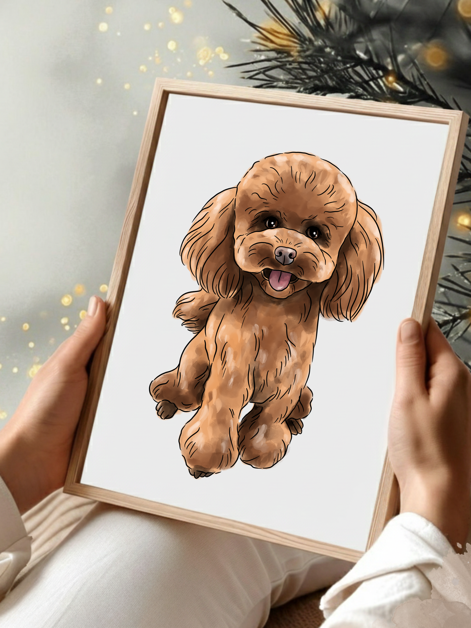 Detailansicht eines handgemalten Aquarell-Hundeportraits auf Tablet