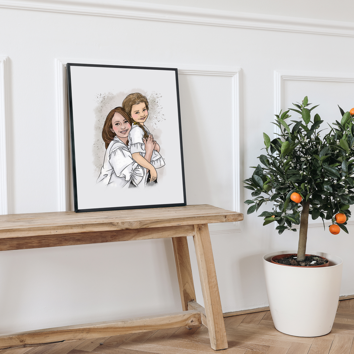 Digitales Aquarell-Familienportrait Mutter Tochter personalisiert nach Foto