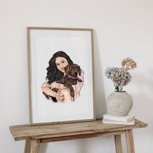 Nahaufnahme Aquarell-Maltechnik Frau mit Hund weiche Farbverläufe