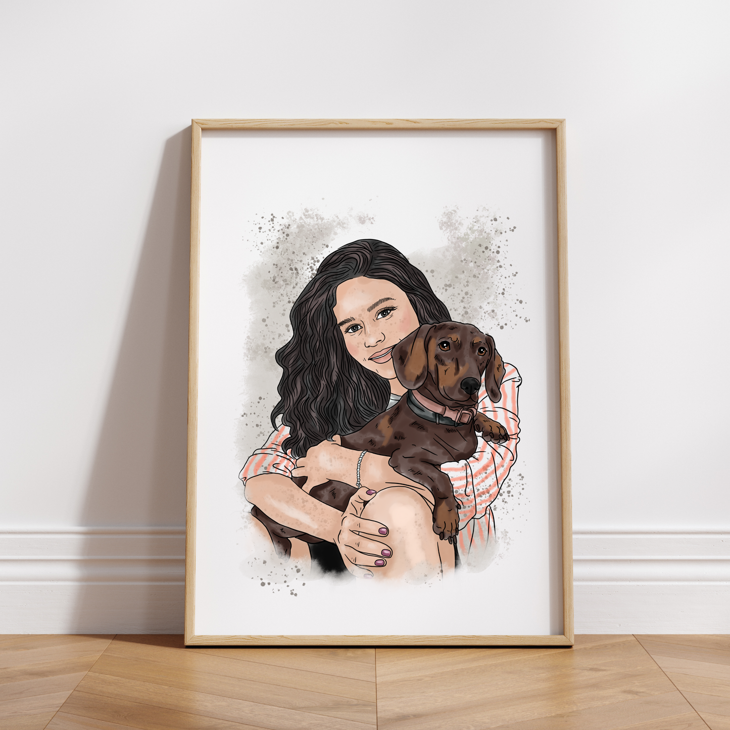Gerahmtes Aquarell-Portrait Frau Hund auf Premium-Leinwand gedruckt