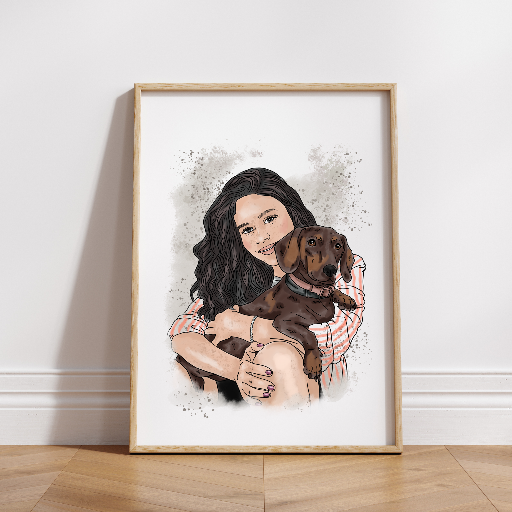 Gerahmtes Aquarell-Portrait Frau Hund auf Premium-Leinwand gedruckt