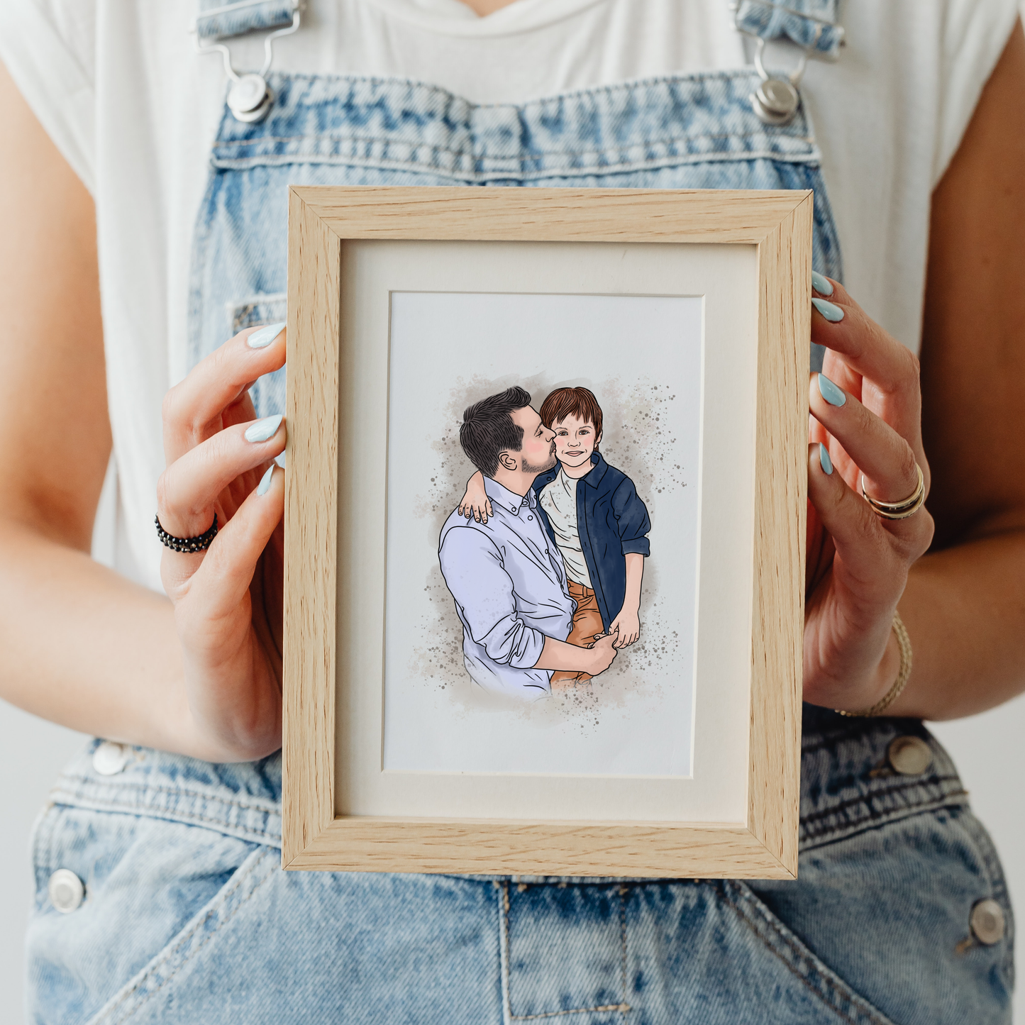 Gerahmtes Aquarell-Portrait Vater Sohn auf Premium-Leinwand gedruckt