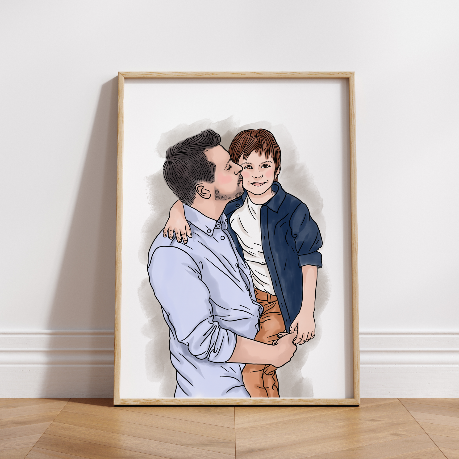 Handgemaltes digitales Aquarell-Portrait von Vater und Sohn in warmen Farbtönen