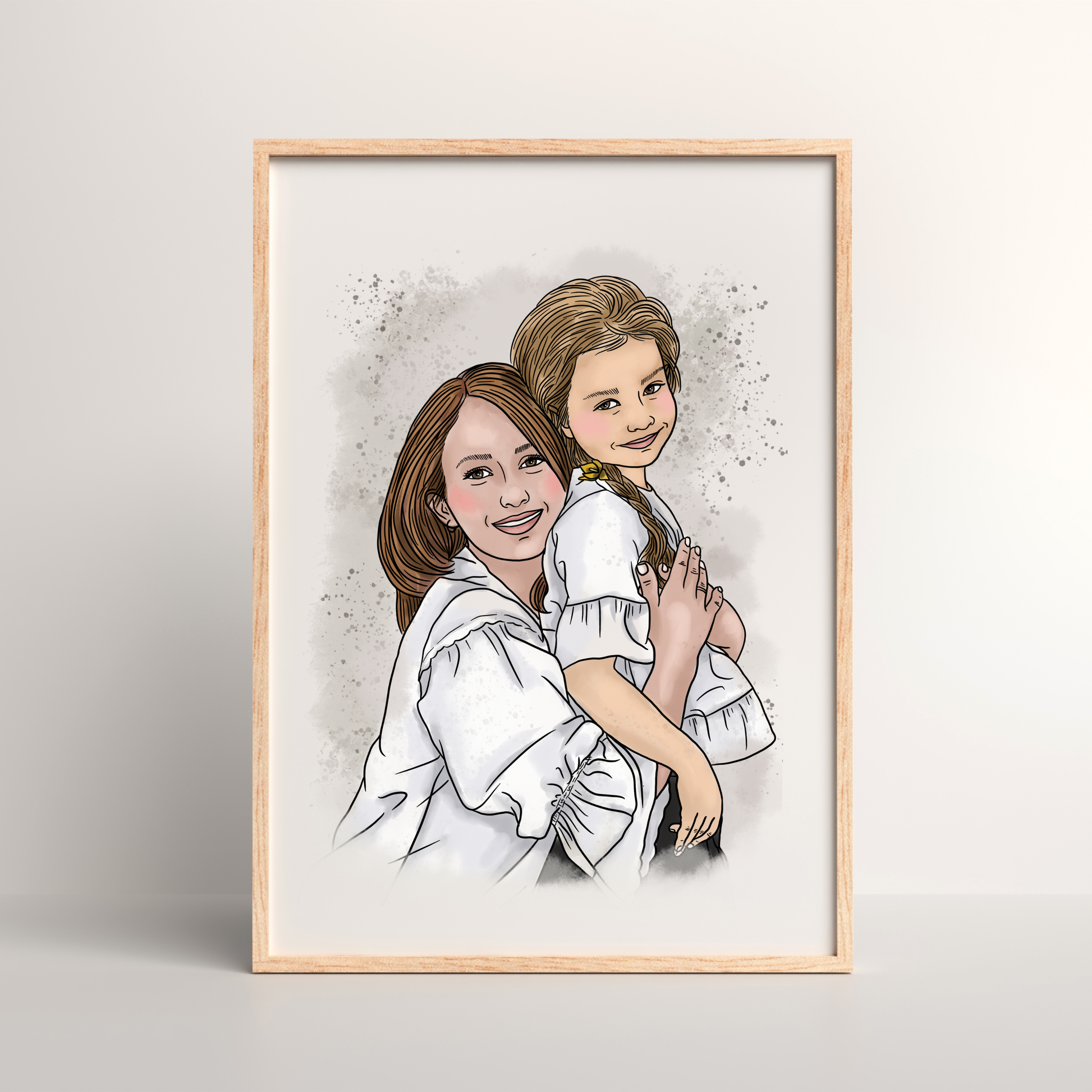 Handgemaltes Aquarell-Portrait von Mutter und Tochter