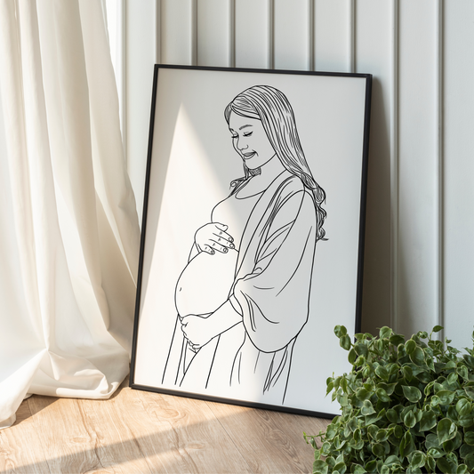 Handgezeichnetes detailliertes Linienportrait einer schwangeren Frau in minimalistischem Stil