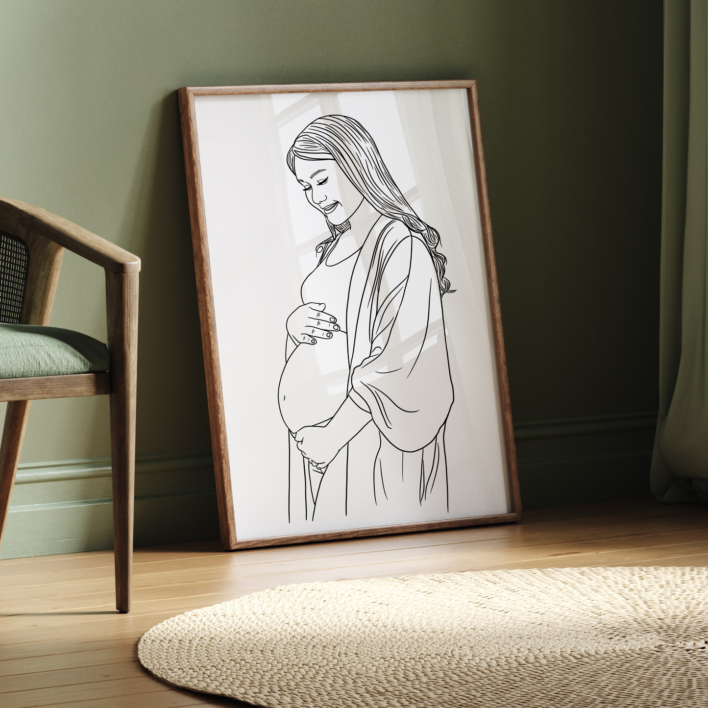 Schwangerschaftsportrait mit Händen auf Babybauch handgezeichnet als Linienkunst