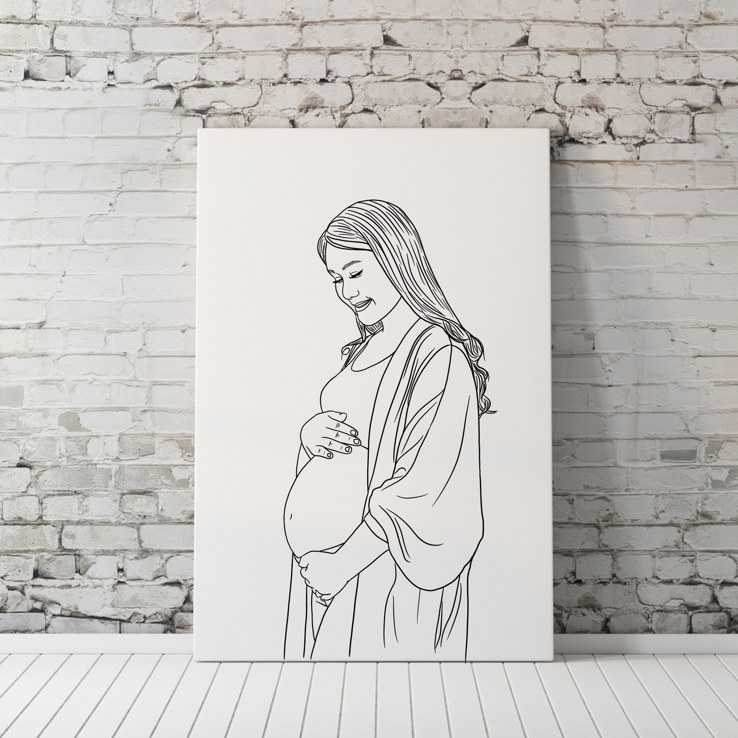 Seitenansicht Linienportrait schwangere Frau zeigt Babybauch in feinen Linien gezeichnet