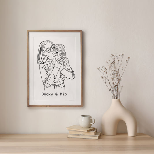 Nahaufnahme eines handgezeichneten Linienportraits zeigt feine Details von Frau und Hund