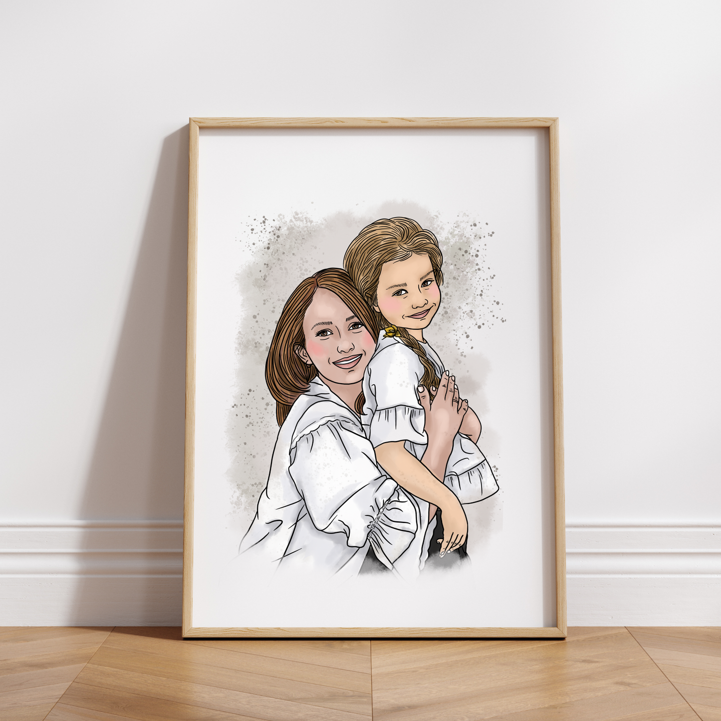 Handgemaltes Aquarell-Portrait von Mutter und Tochter in zarten Pastellfarben