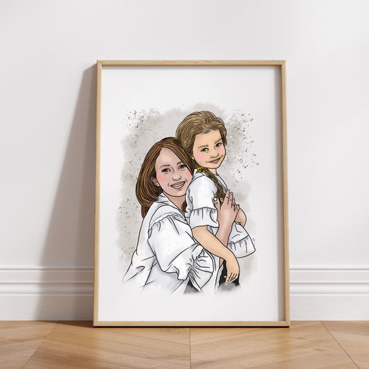 Handgemaltes Aquarell-Portrait von Mutter und Tochter in zarten Pastellfarben