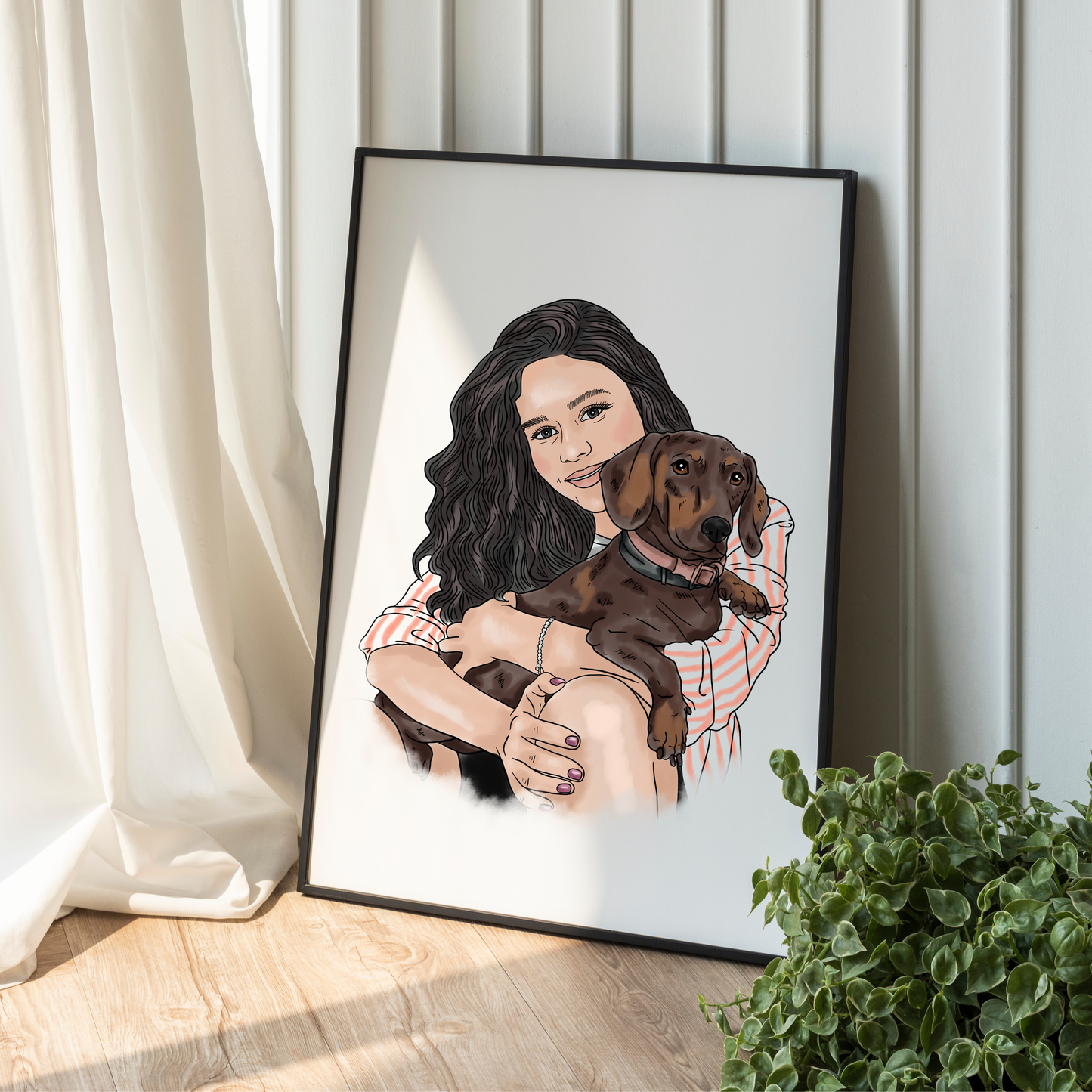 Handgemaltes Aquarellporträt nach einem Foto mit einem Mädchen und einem Hund – Geschenk für einen Tierbesitzer