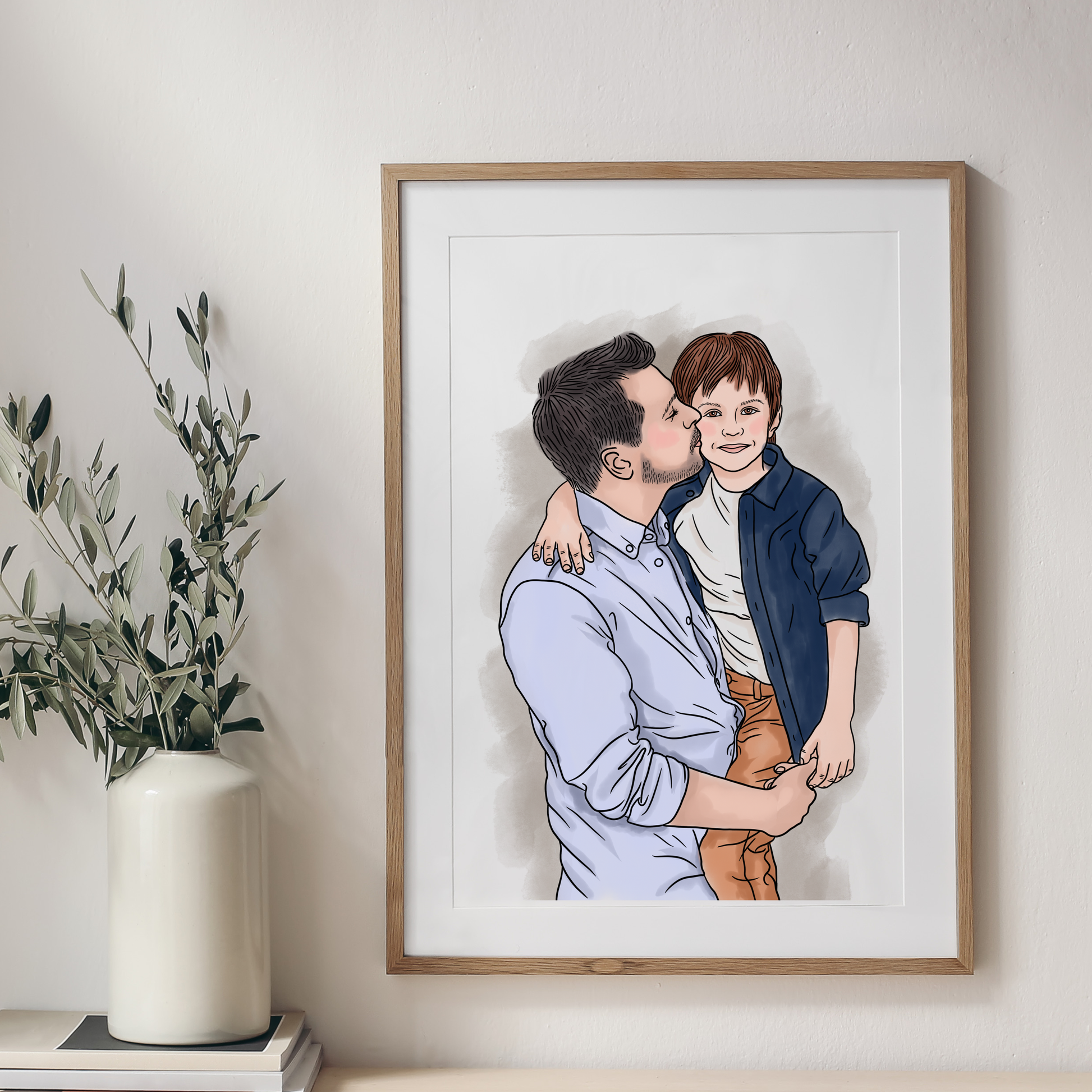 Nahaufnahme Aquarell-Maltechnik mit weichen Farbverläufen und Details Vater Sohn Portrait