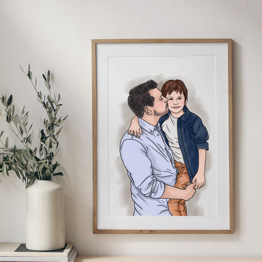 Nahaufnahme Aquarell-Maltechnik mit weichen Farbverläufen und Details Vater Sohn Portrait