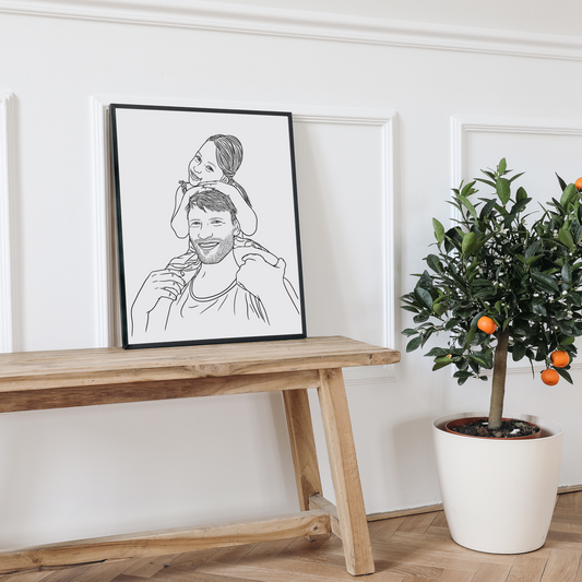 Linienportrait zeigt Vater umarmt seine Tochter in liebevoller Geste handgezeichnet