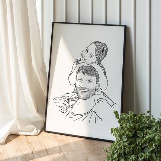 Handgezeichnetes minimalistisches Linienportrait von Vater und Tochter in detailliertem Stil