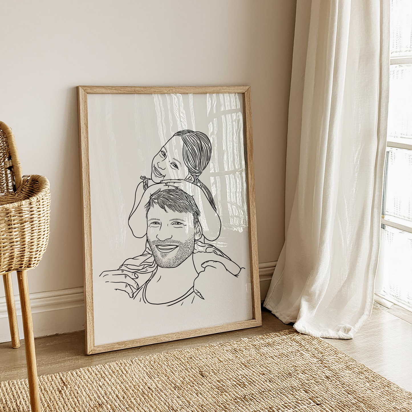 Vater und Tochter Hand in Hand als handgezeichnetes Linienportrait in modernem Stil