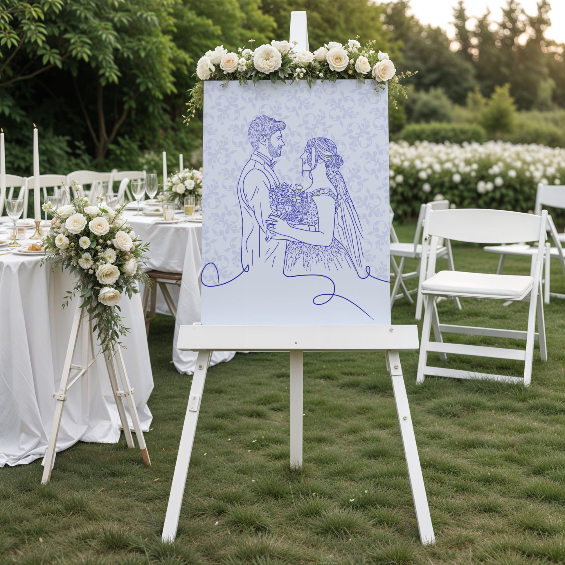 Romantisches Line-Art Hochzeitsportrait mit Vintage-Blumenmuster in Pastellblau