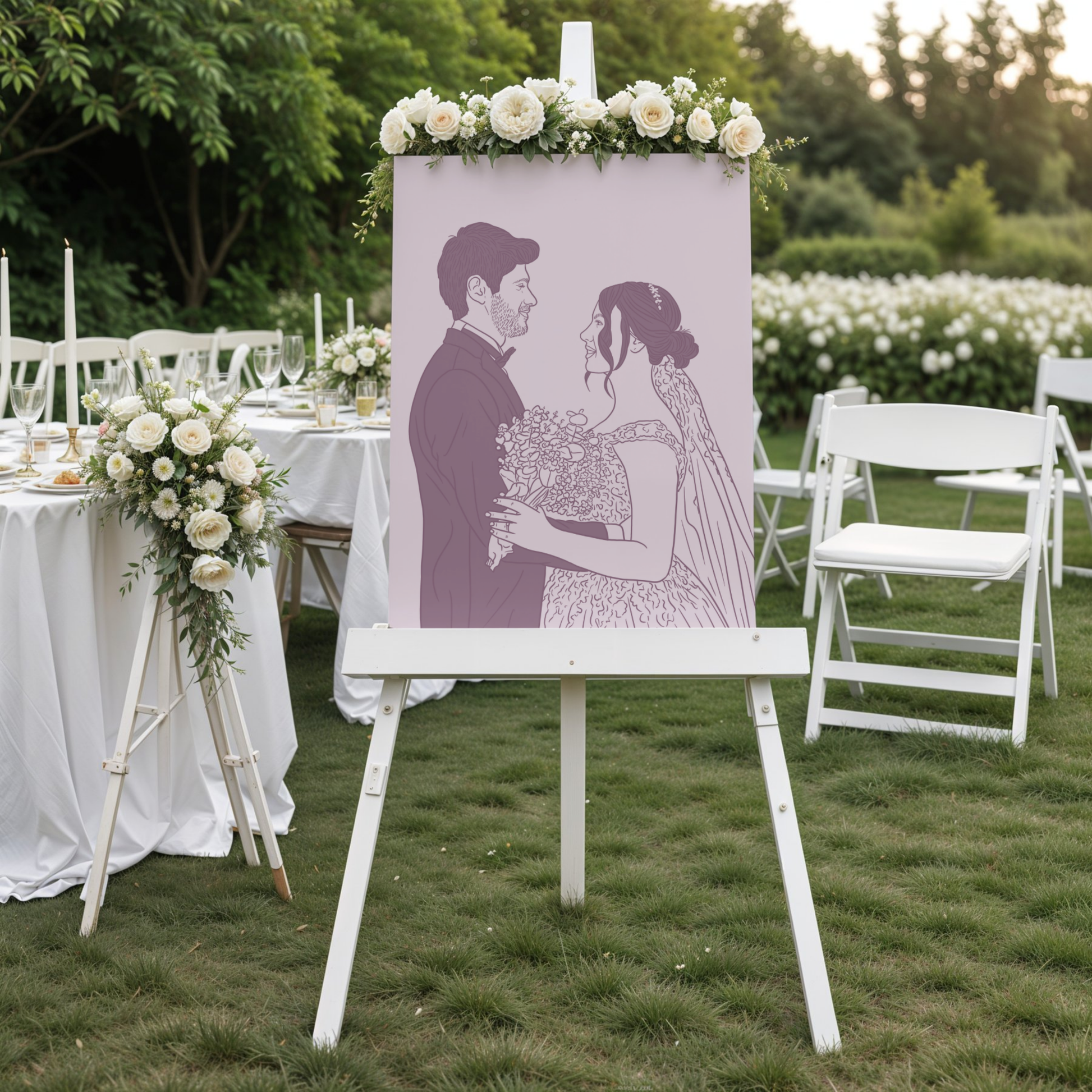 Romantisches farbiges Line-Art Hochzeitsportrait in Lilatönen