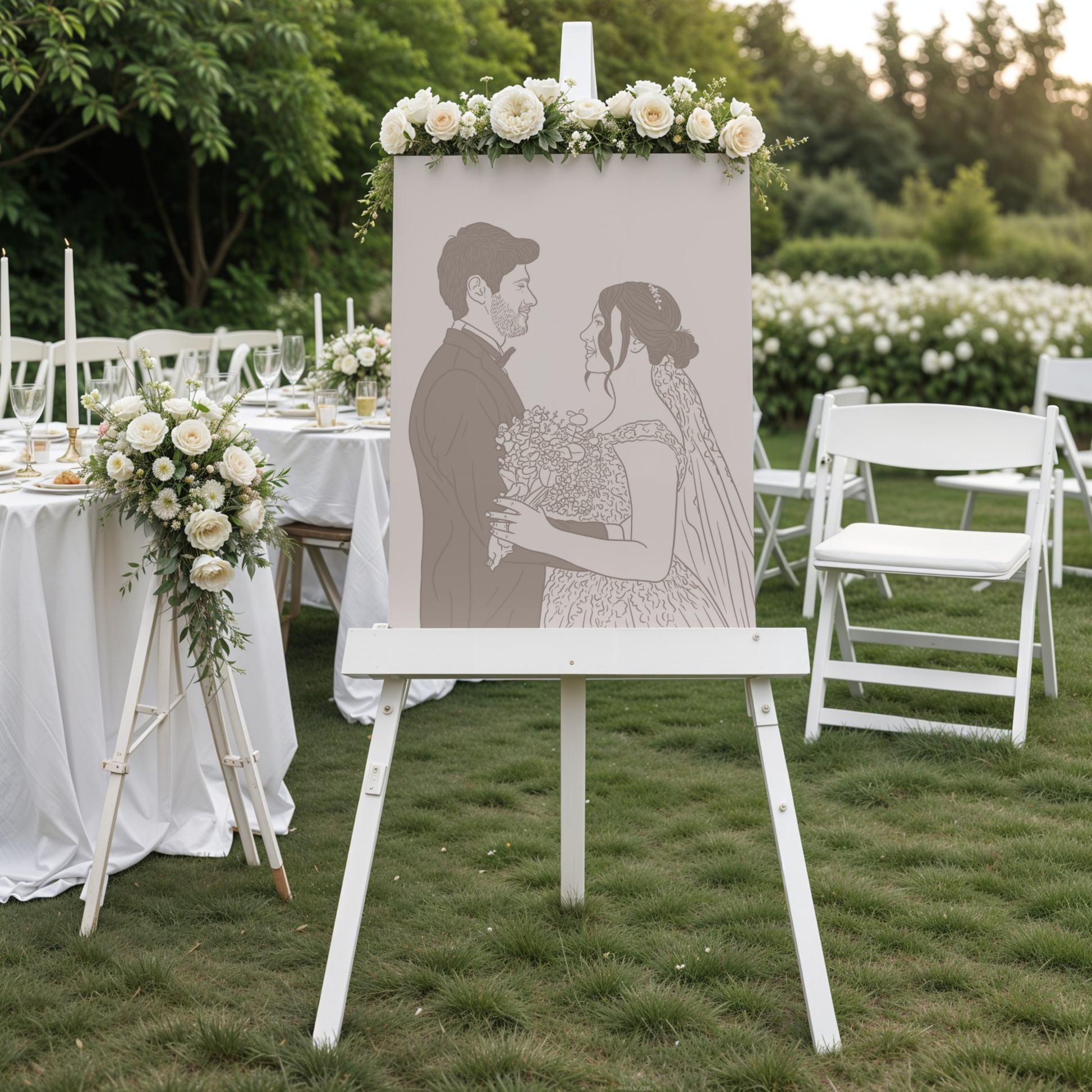 Romantisches farbiges Line-Art Hochzeitsportrait in Beige mit Hochzeitsdatum