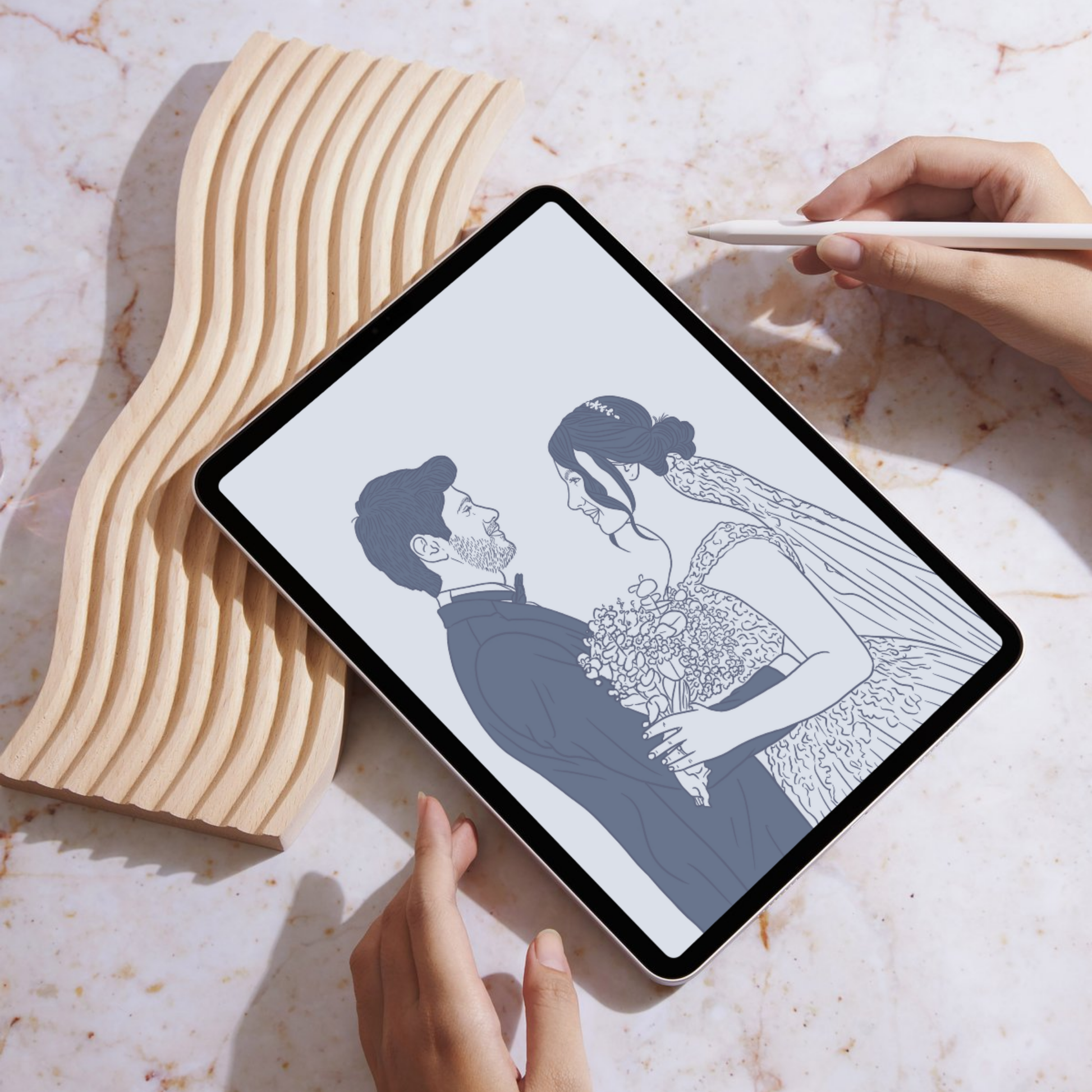 Romantisches farbiges Line-Art Hochzeitsportrait in Blau mit Hochzeitsdatum