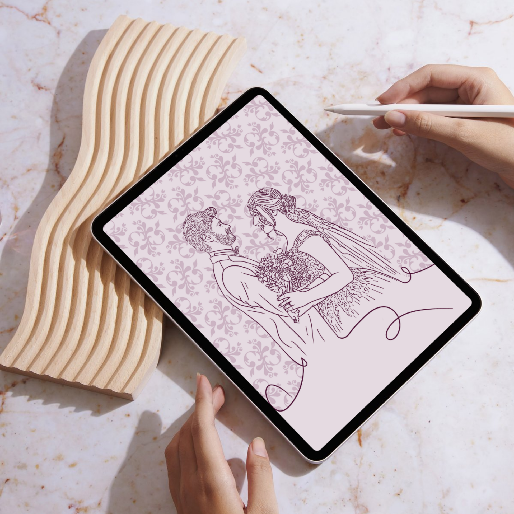 Romantisches Line-Art Hochzeitsportrait mit Vintage-Blumenmuster im Hintergrund