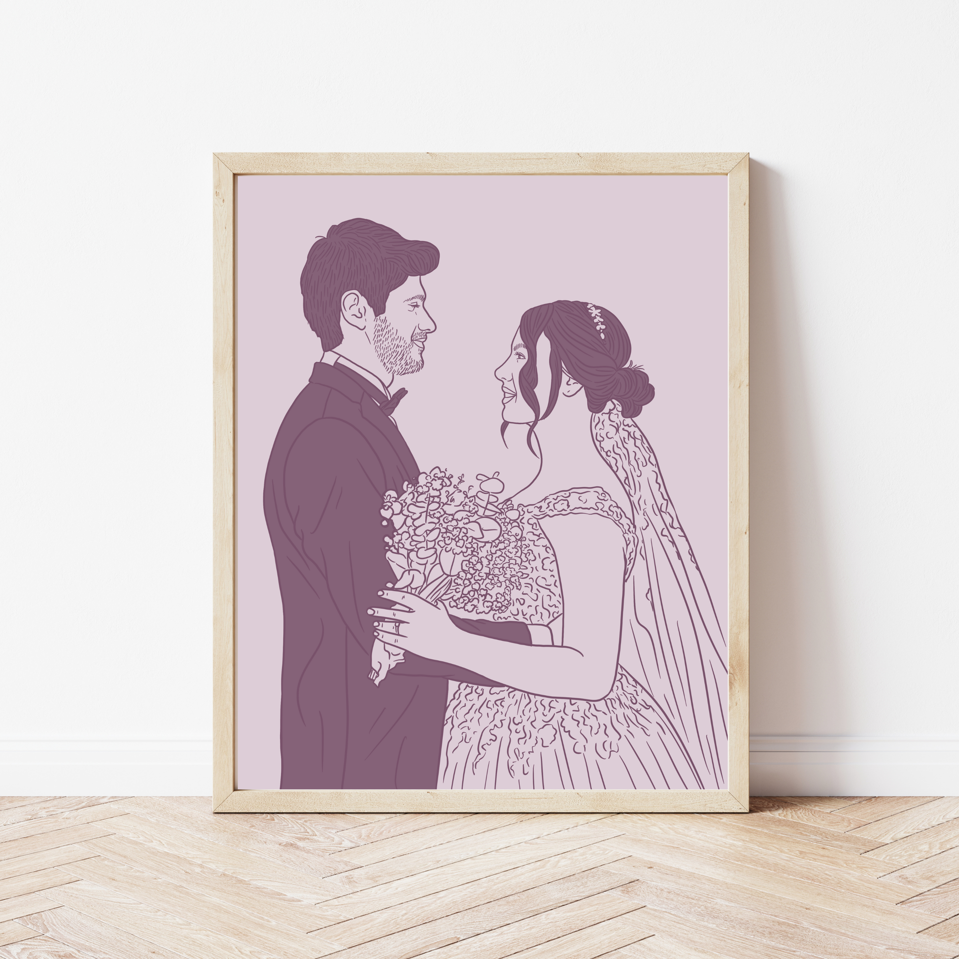 Digitales farbiges Hochzeitsportrait im minimalistischen Line-Art Stil in Pastelllila