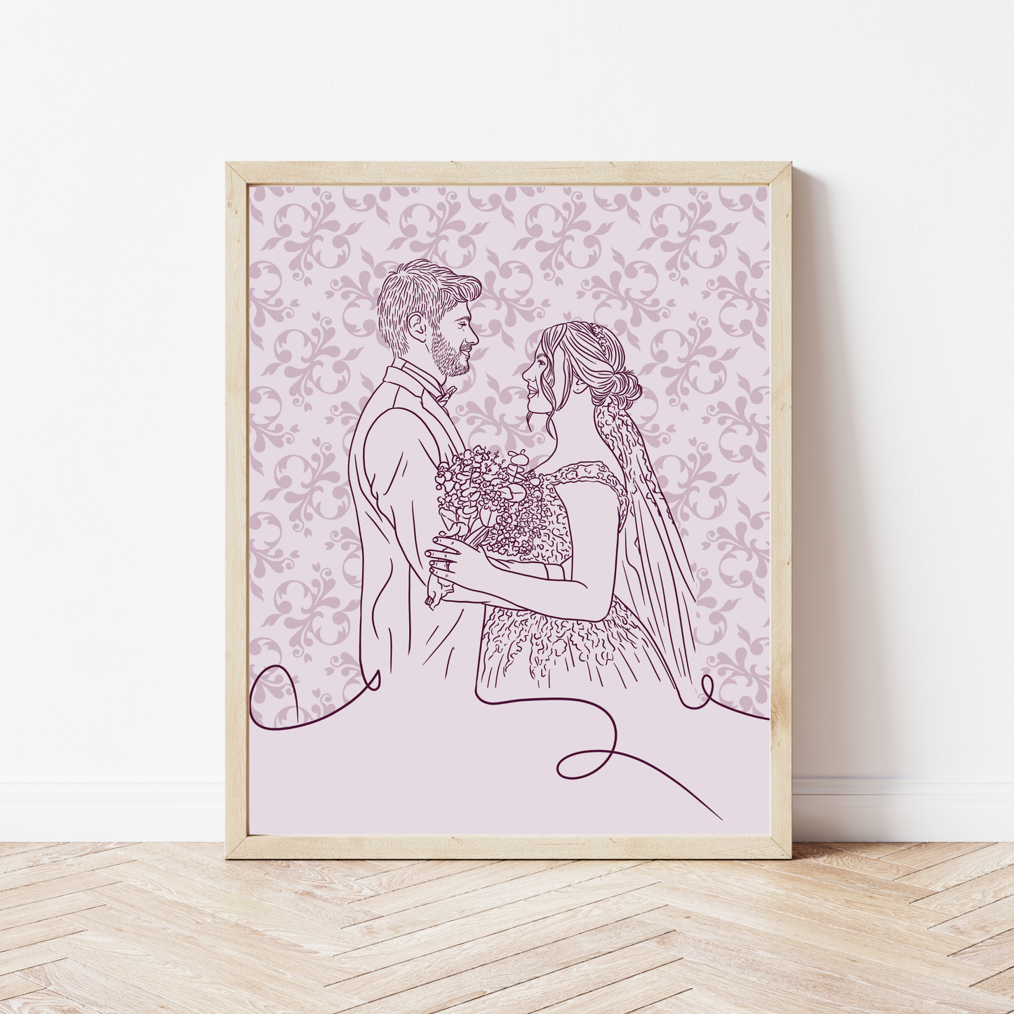 Handgezeichnetes Hochzeitsportrait eines Brautpaares im Line-Art Stil mit lila Blumenhintergrund