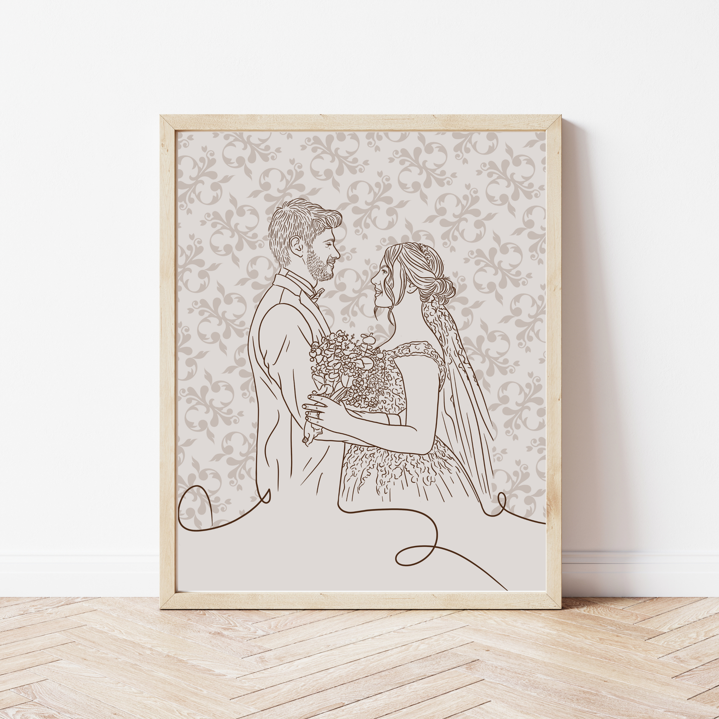 Individuelles Brautpaar-Portrait handgezeichnet mit zarten Blumen in warmen Beigetönen