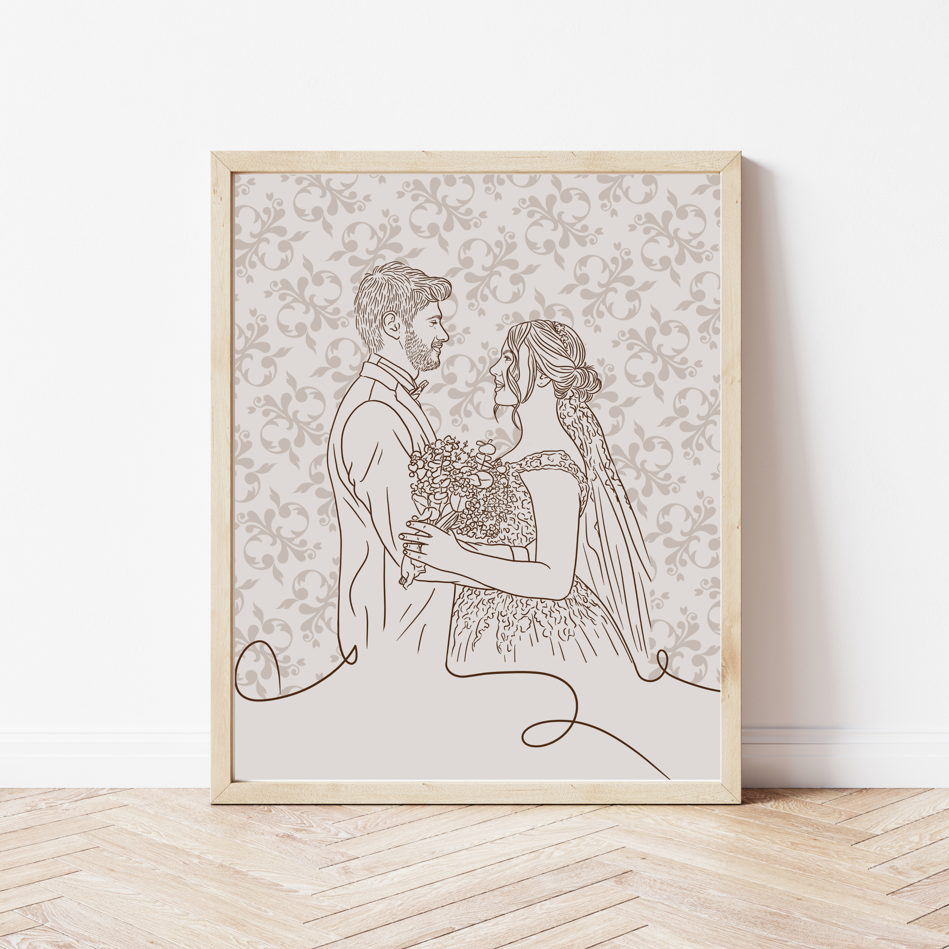 Individuelles Brautpaar-Portrait handgezeichnet mit zarten Blumen in warmen Beigetönen