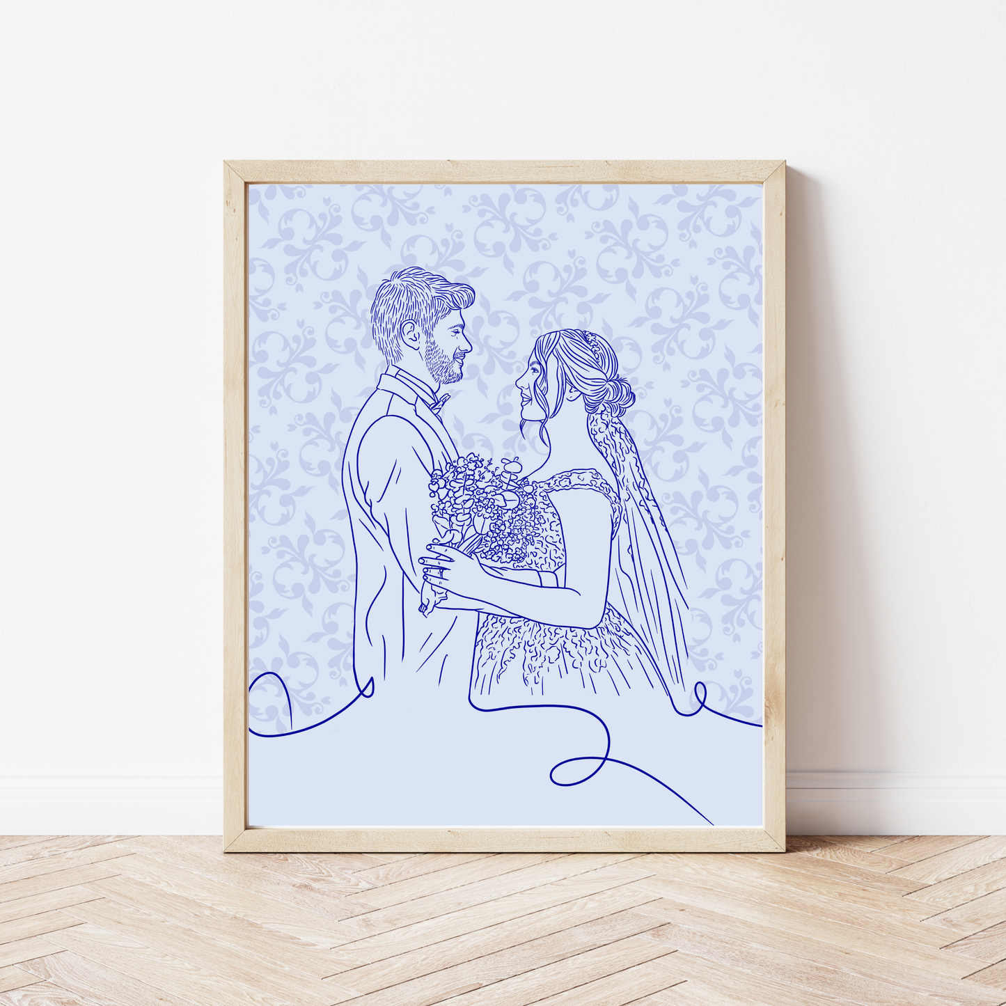 Digitales Hochzeitsportrait im minimalistischen Line-Art Stil mit floralem Hintergrund in Hellblau