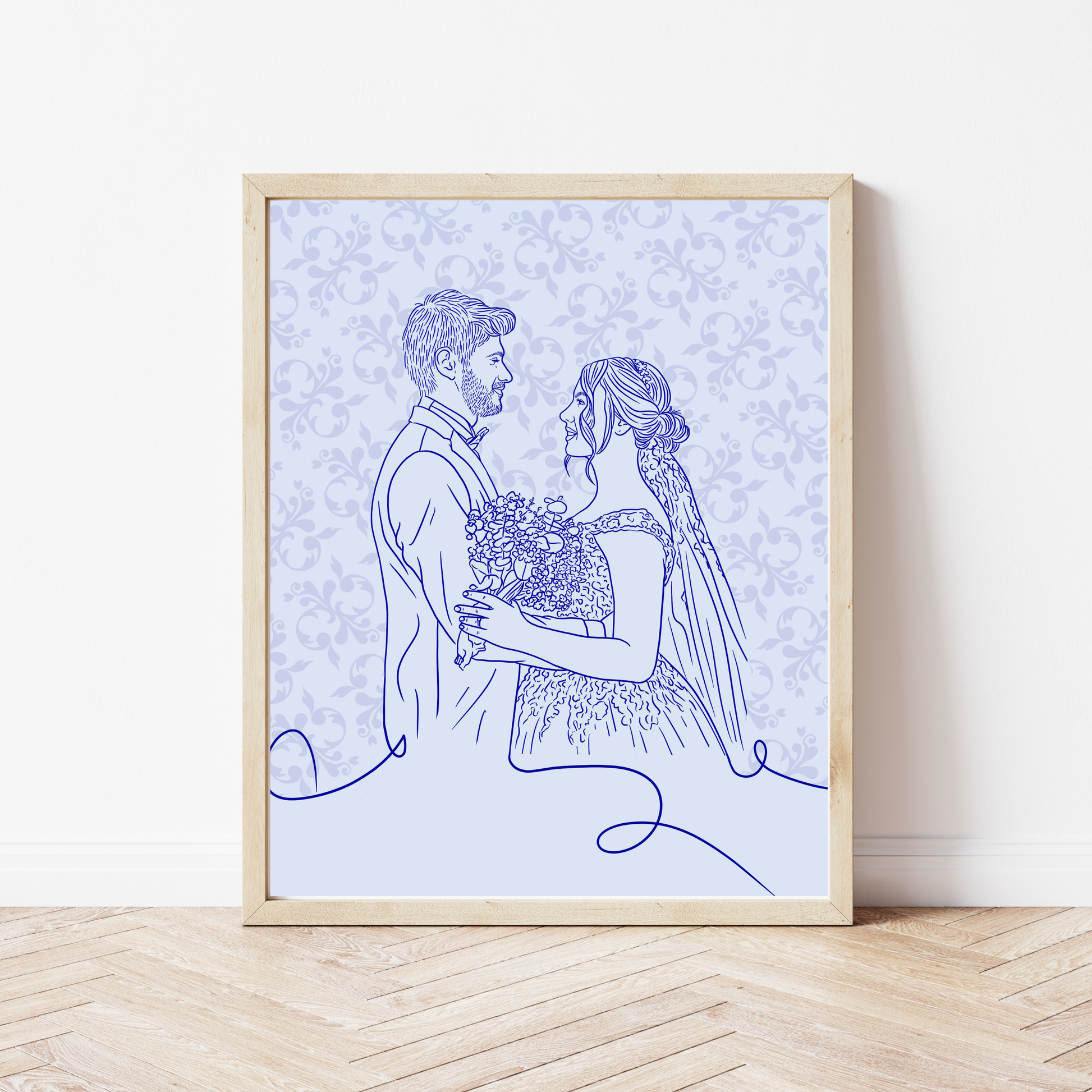 Digitales Hochzeitsportrait im minimalistischen Line-Art Stil mit floralem Hintergrund in Hellblau