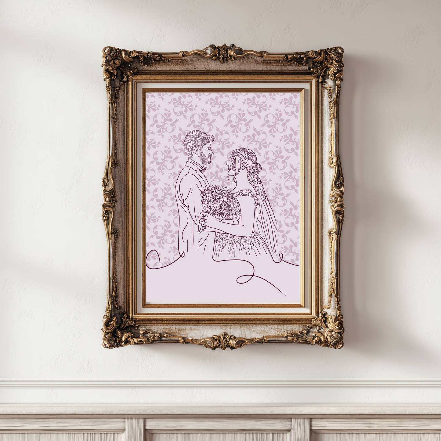 Individuelles Brautpaar-Portrait handgezeichnet mit zarten Blumen in Lilatönen