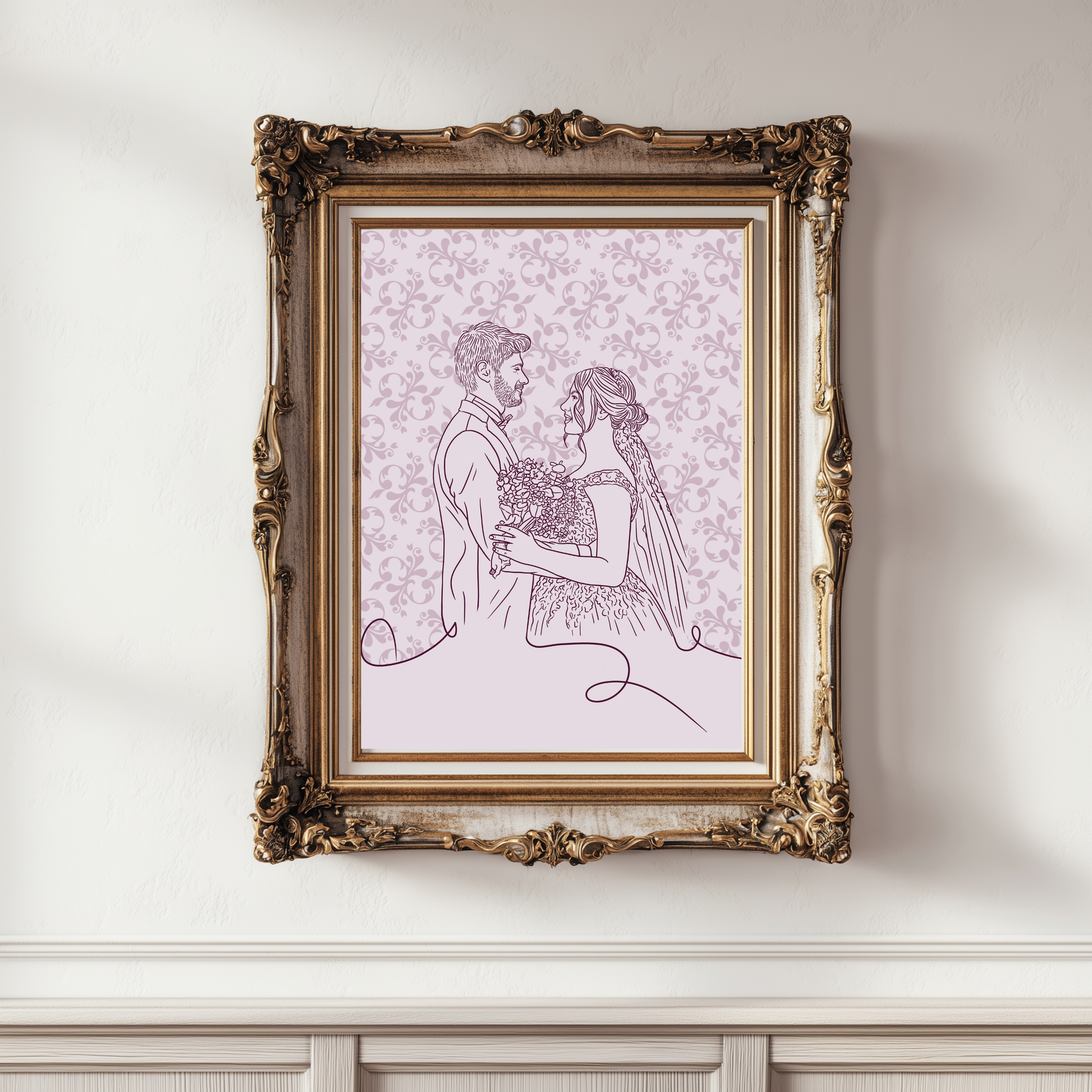 Individuelles Brautpaar-Portrait handgezeichnet mit zarten Blumen in Lilatönen