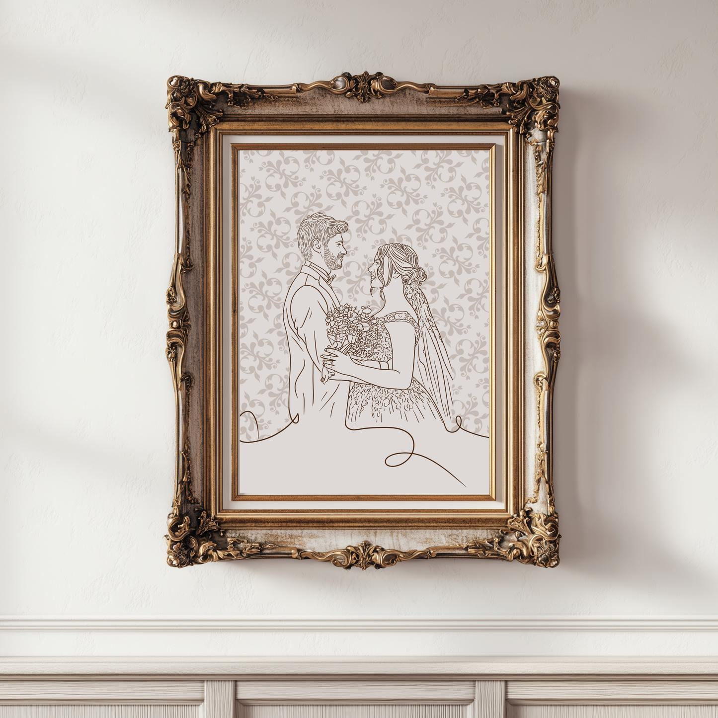 Digitales Hochzeitsportrait im minimalistischen Line-Art Stil mit floralem Hintergrund in Beige