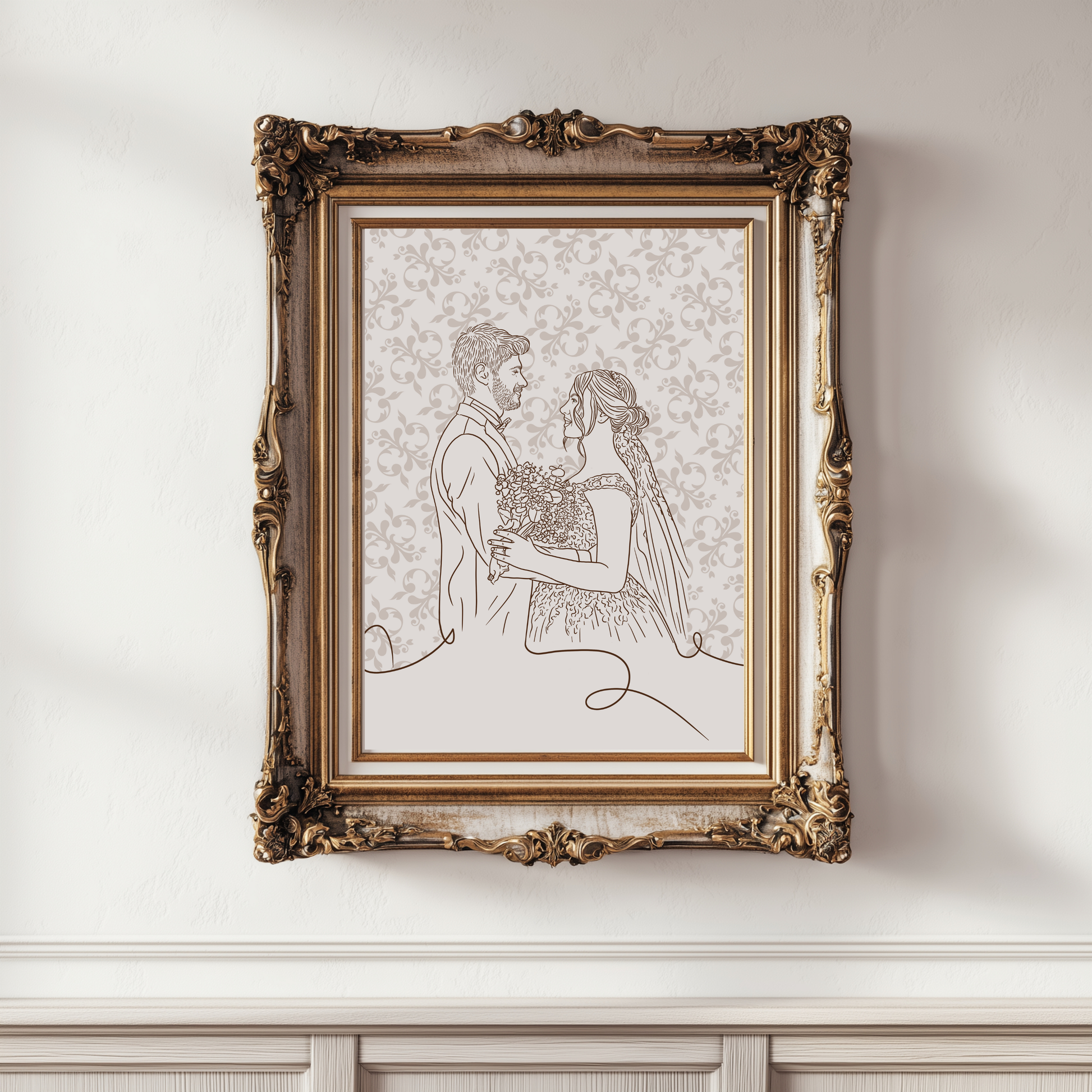 Digitales Hochzeitsportrait im minimalistischen Line-Art Stil mit floralem Hintergrund in Beige