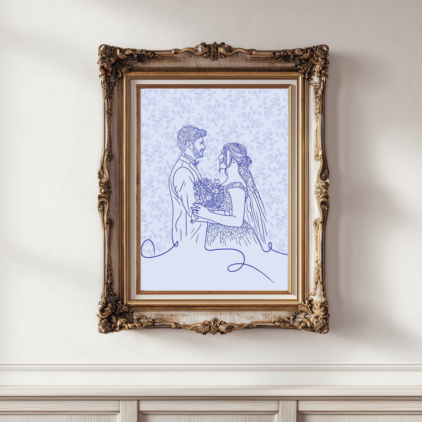 Personalisiertes Retro Line-Art Portrait von Braut und Bräutigam in Pastellblau-Tönen