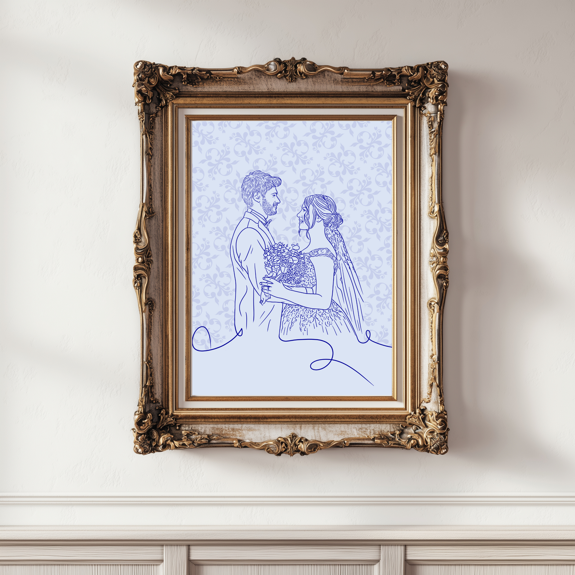 Personalisiertes Retro Line-Art Portrait von Braut und Bräutigam in Pastellblau-Tönen